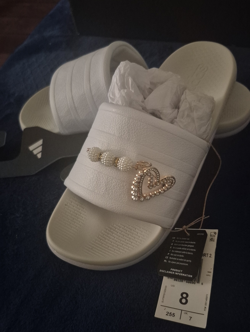 adidas White Slide Sandals with Pearl Bead & Gold Heart Embellishment
